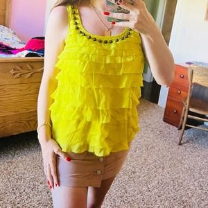 DKNY 100% silk bright yellow beaded racer back tired ruffle shirt top-Size 2(S)